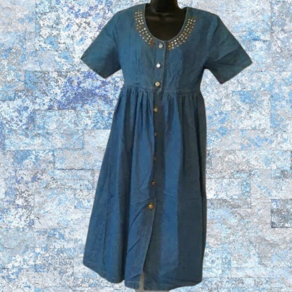 Boy Blue Vintage 90's Denim Beaded Collar Maxi Dress Size Large